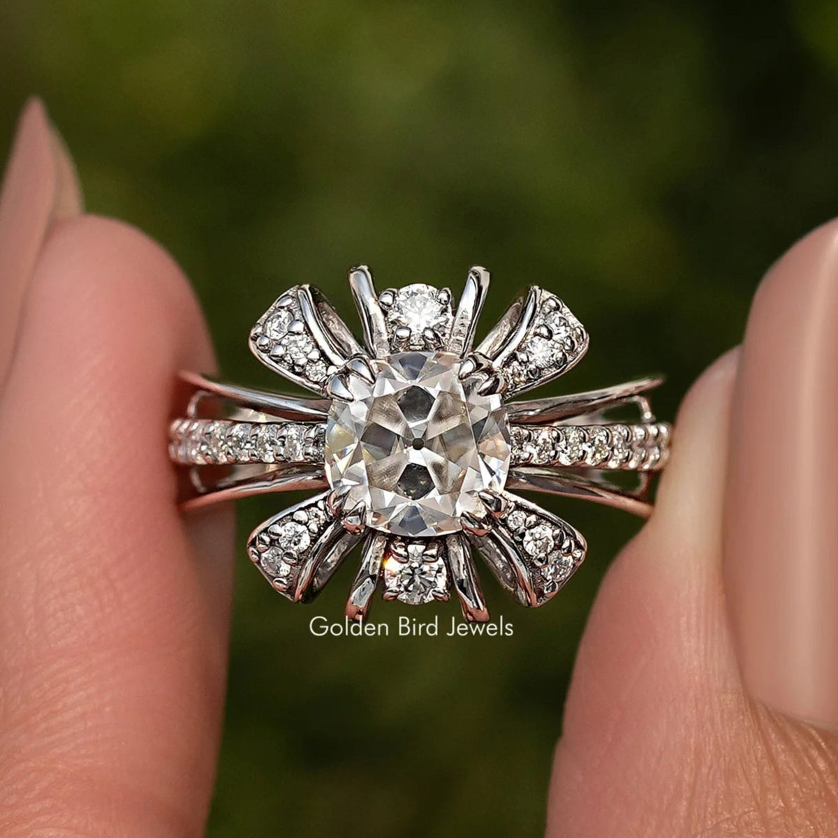 Sterling silver cushion-cut moissanite ring with halo and split-shank sparkle