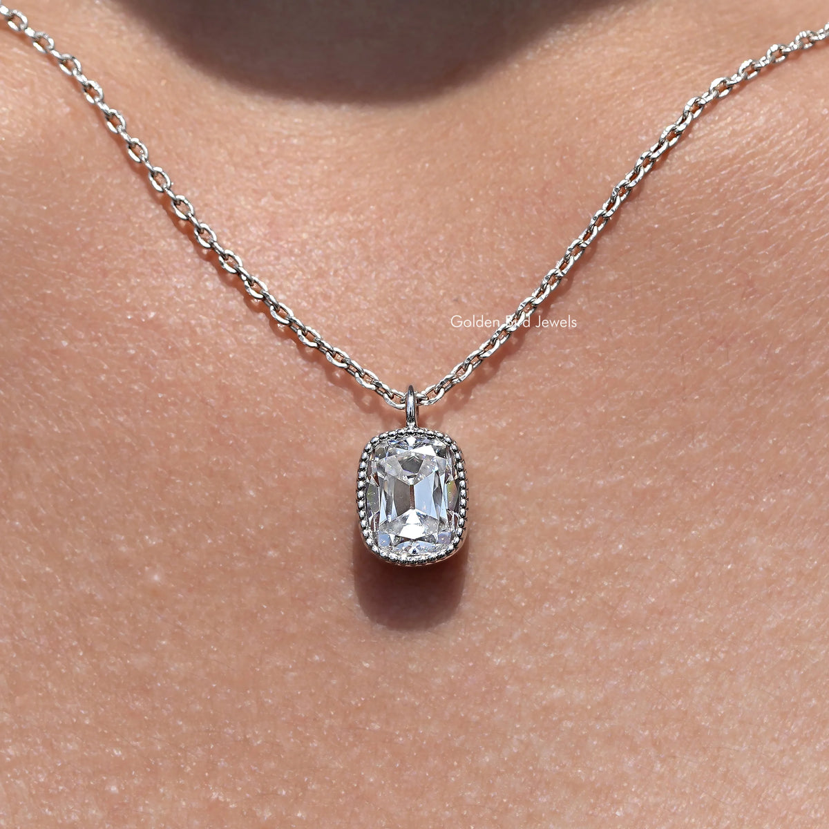 Cushion-cut moissanite solitaire pendant necklace, clear stone in silver prong setting