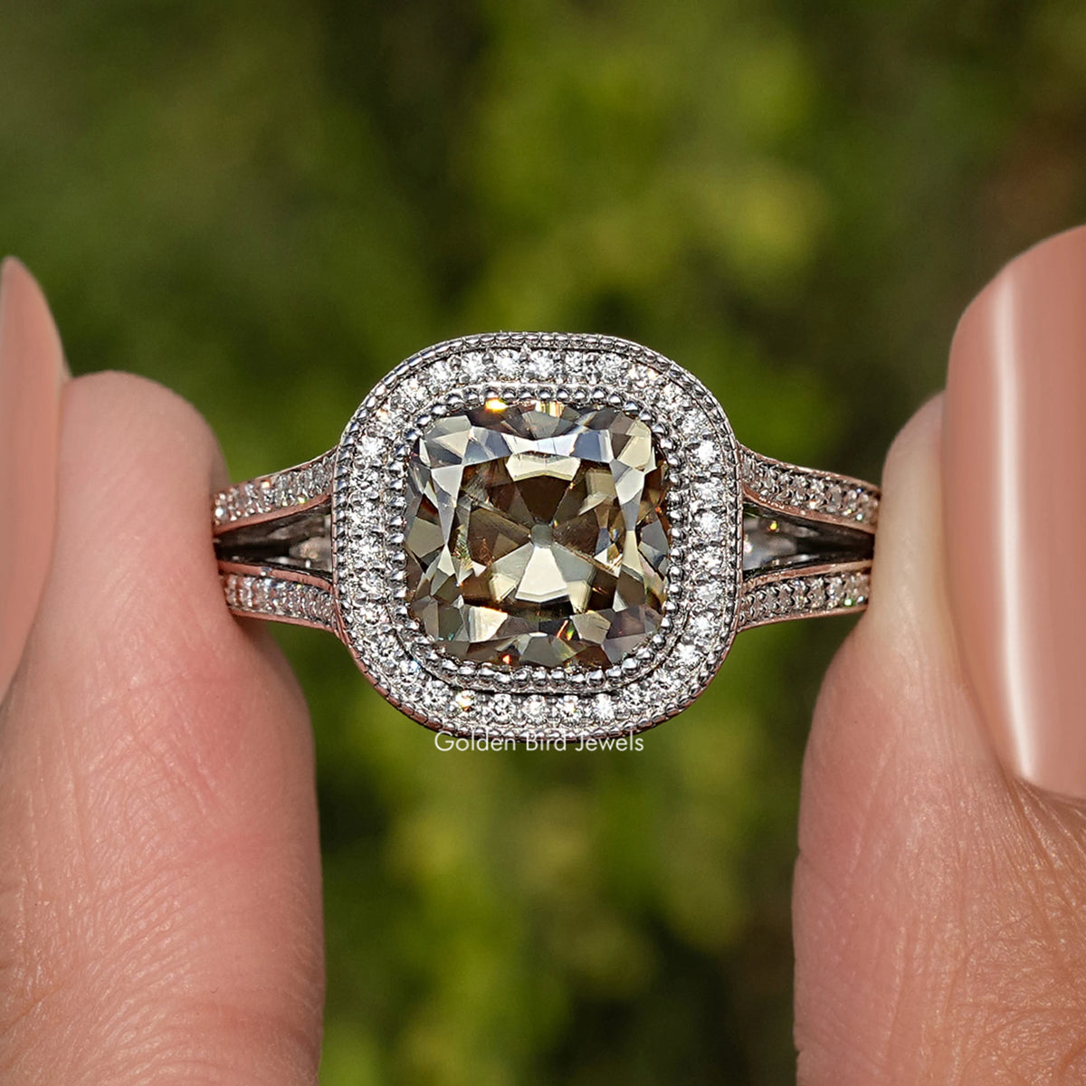 Halo ring with cushion-cut moissanite center and pave halo in sterling silver