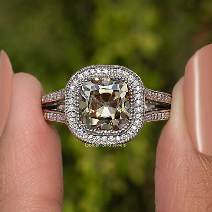 Halo ring with cushion-cut moissanite center and pave halo in sterling silver