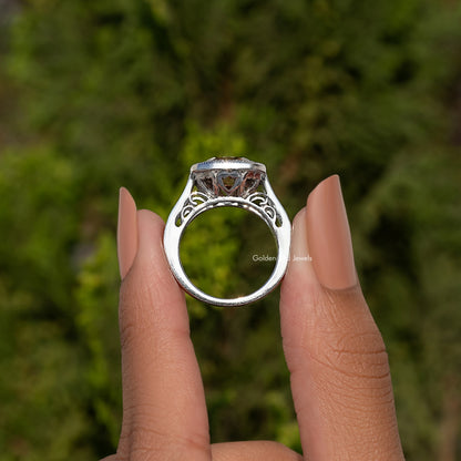 Sterling silver halo ring with cushion-cut moissanite center and split prongs