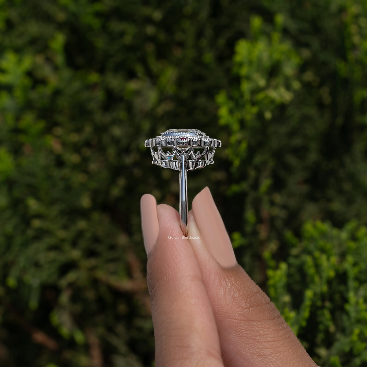 Sterling silver ring with cushion-cut moissanite halo profile and prong-set sides