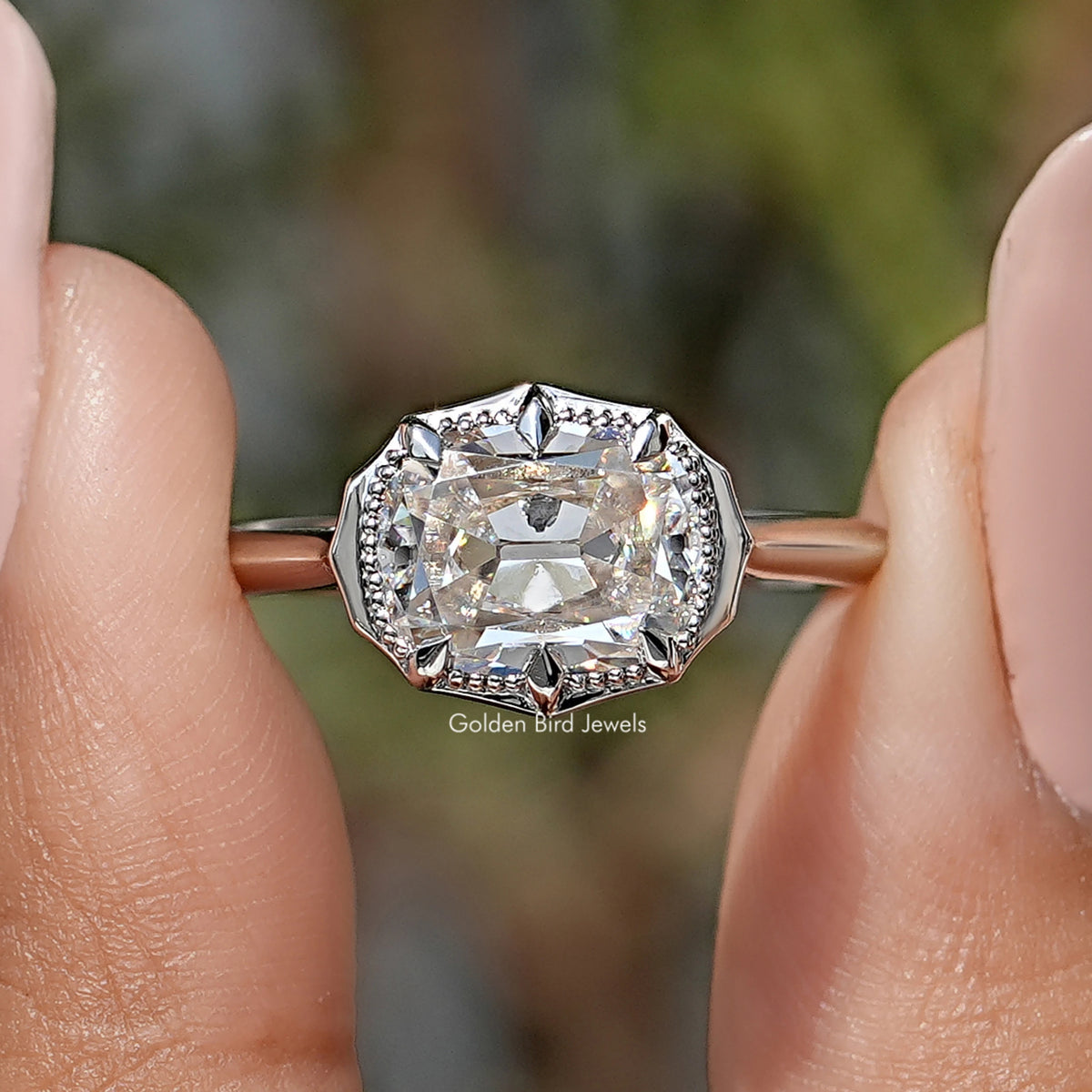 East West Old Mine Cushion Moissanite Solitaire Ring