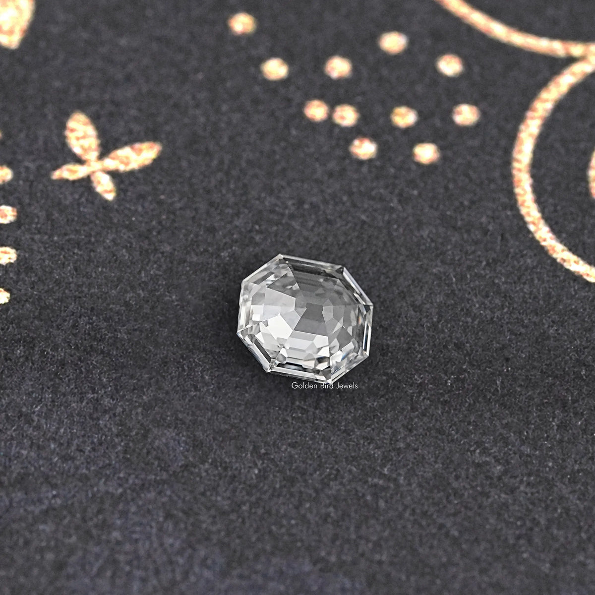Lab-grown diamond old mine hexagon cut, clear reflective facets from angle