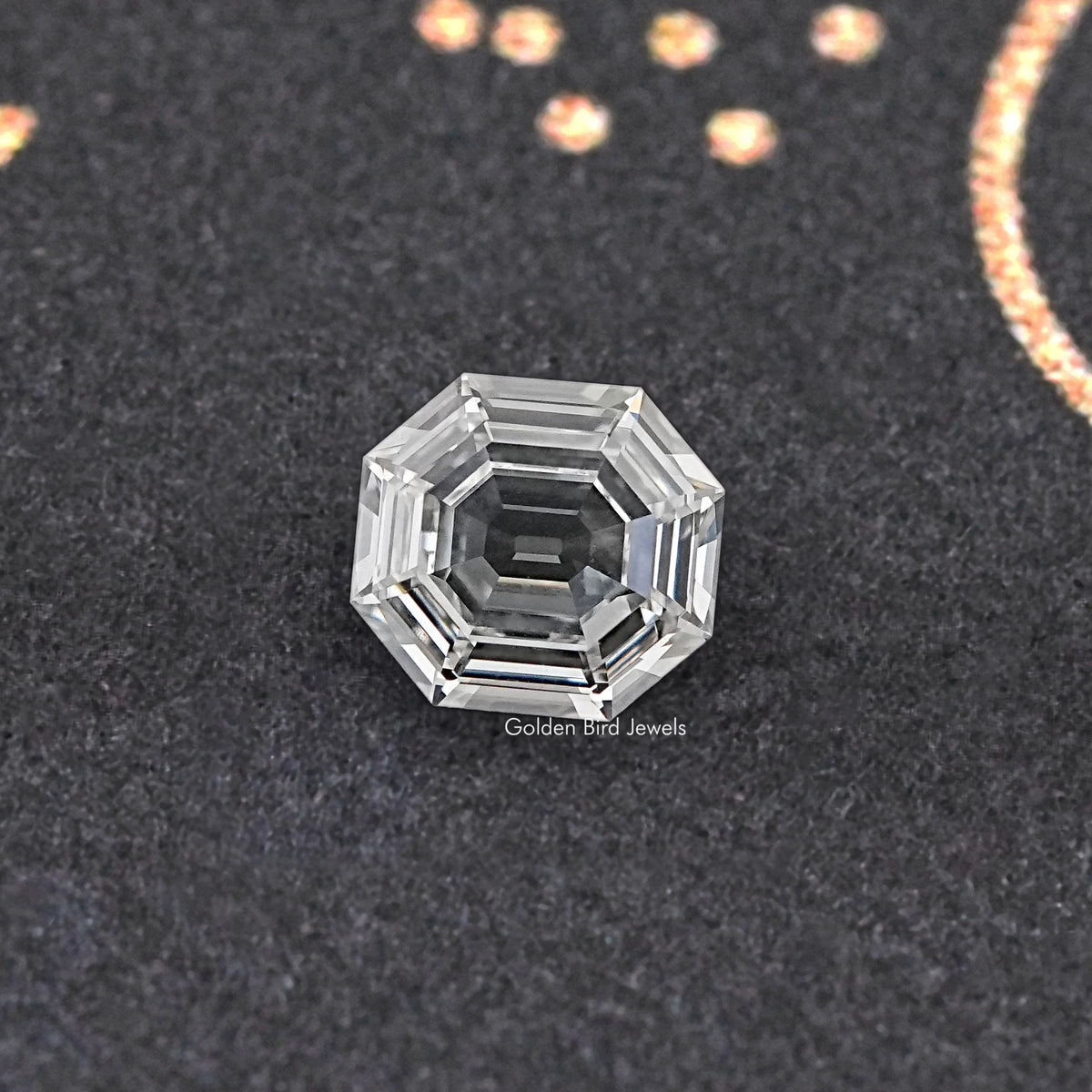 Lab-grown diamond old mine hexagon cut, clear step-cut facets