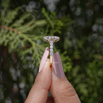 Moissanite ring viewed from side showing split shank and tall center stone prongs