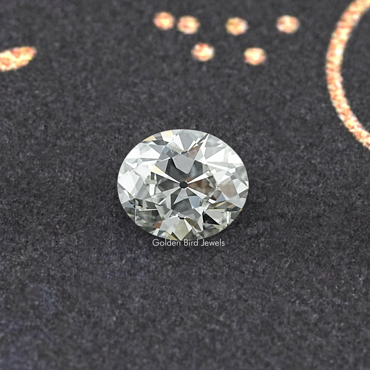 Oval-cut lab-grown diamond, old mine style, close-up top view