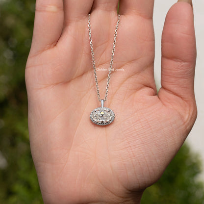 Close View Of Old Mine Oval Moissanite Pendant in Secure Setting 