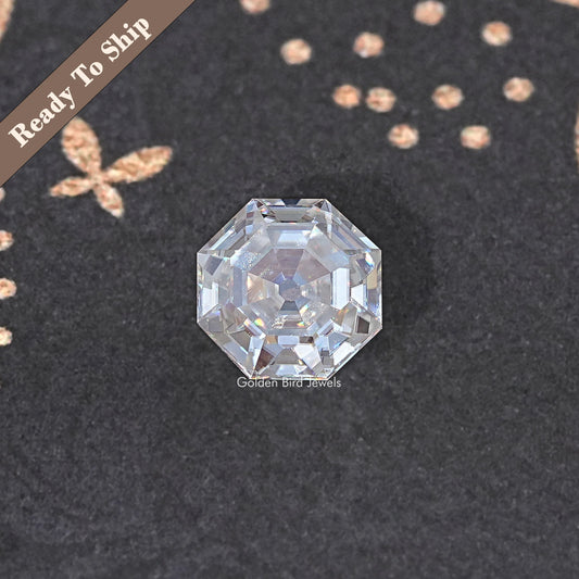 Loose step-cut moissanite gemstone, clear faceted cushion shape