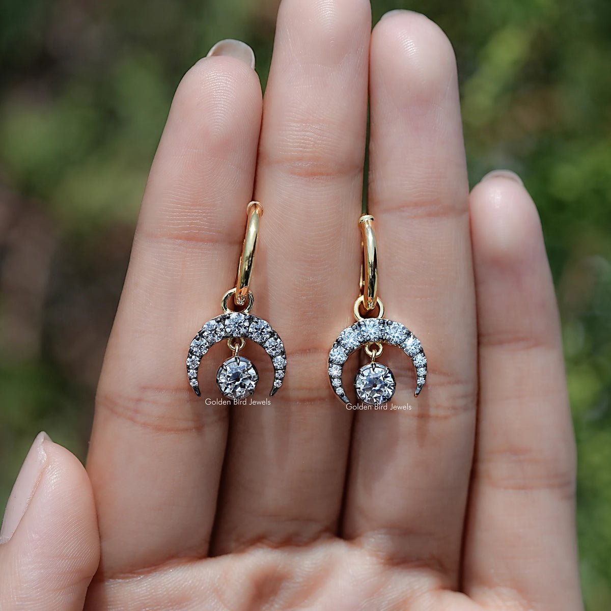 Front view of Old European Round Moissanite Dangle Hoop Earrings