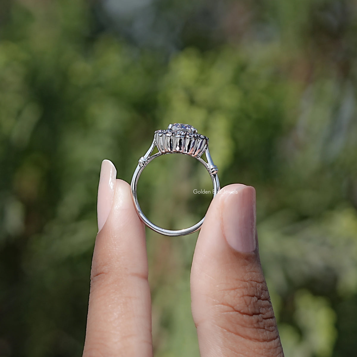 Back view of Round Moissanite Halo Ring in secure setting 