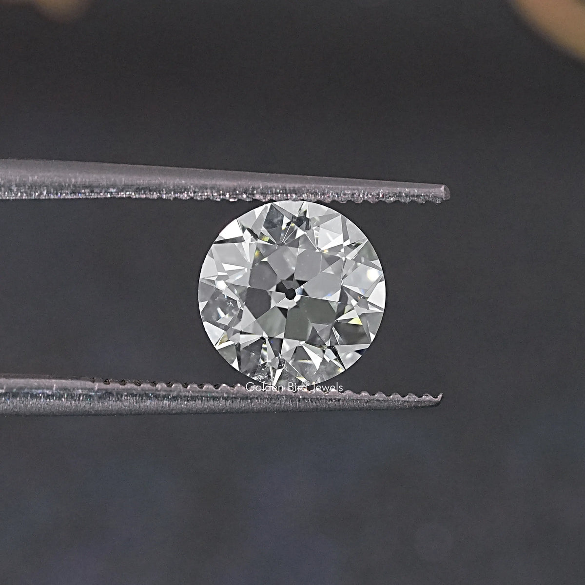 Round old European cut lab grown diamond held by two metal prongs