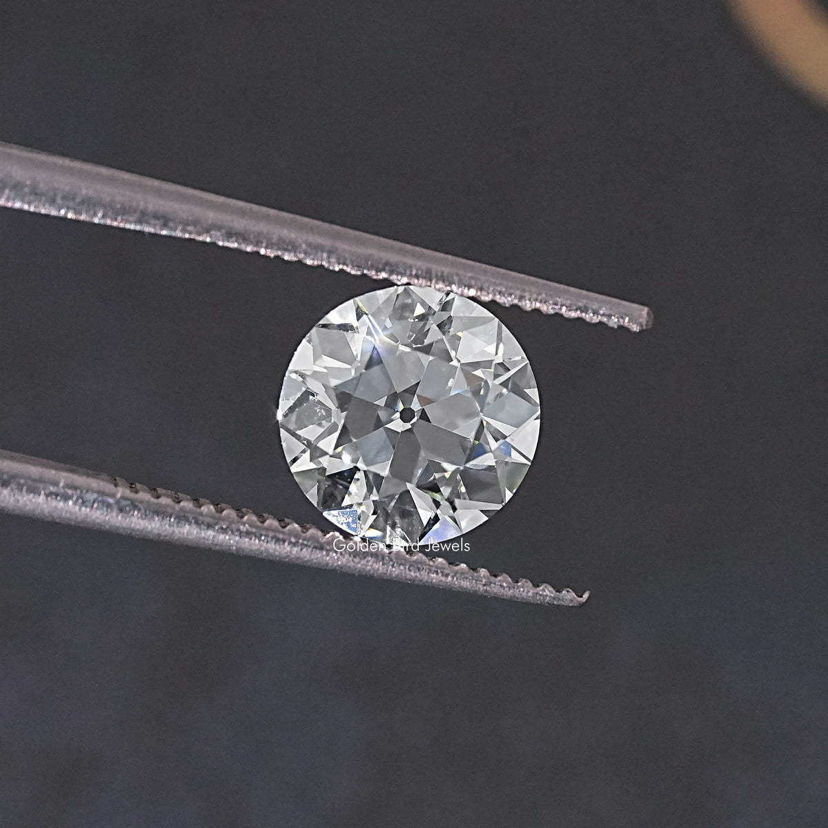 Round old European cut lab grown diamond between two silver-toned prongs