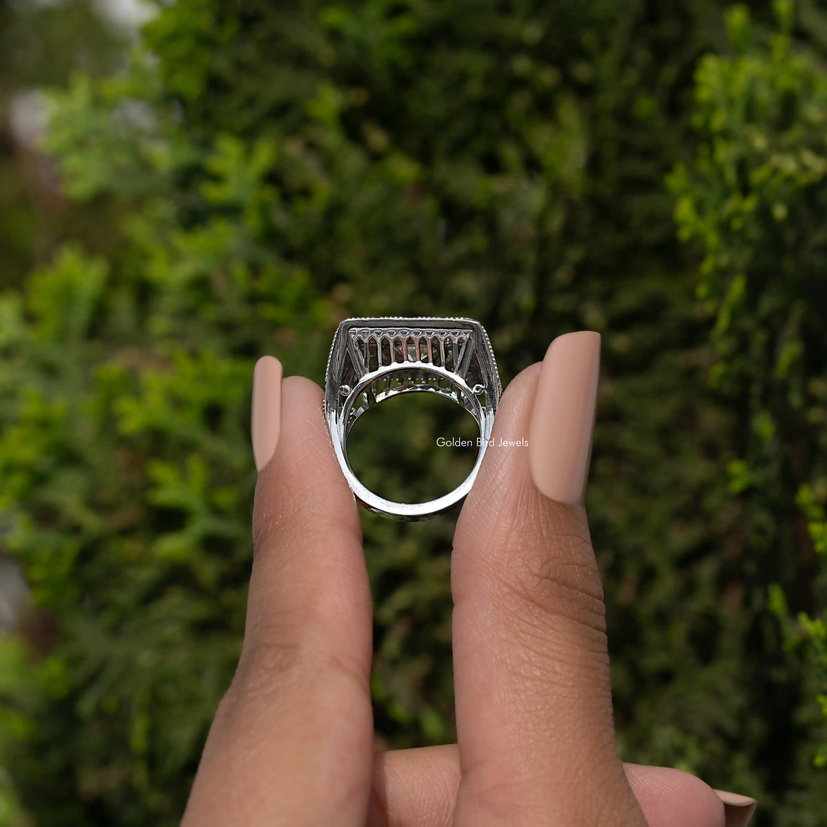 Round moissanite accent ring in silver-tone square art deco halo setting