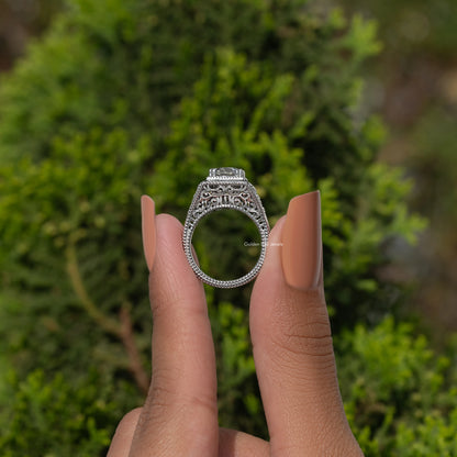 Sterling silver vintage moissanite ring, back view with detailed band