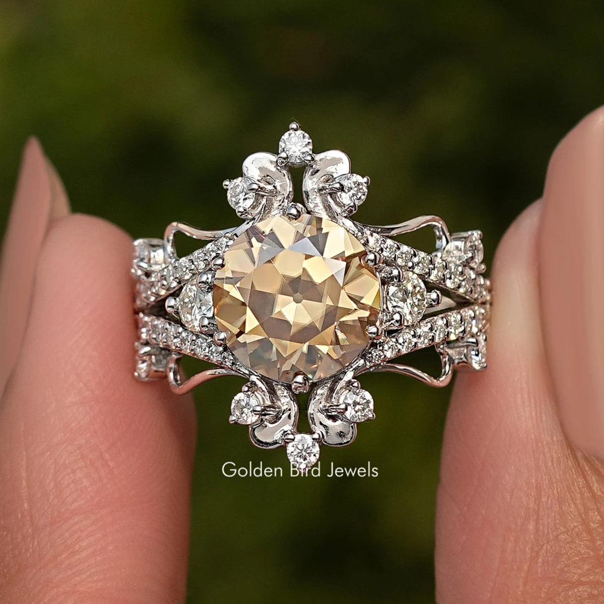 Round cut moissanite ring in 925 sterling silver, ornate halo and side prongs