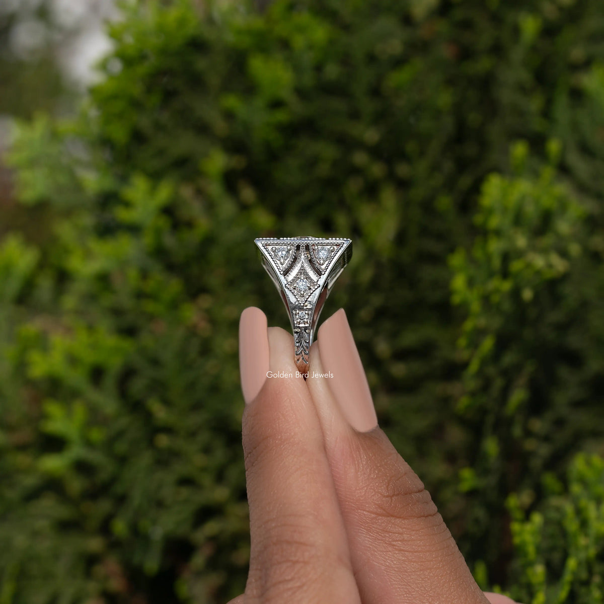 Silver-tone art deco square ring with prong-set round center stone