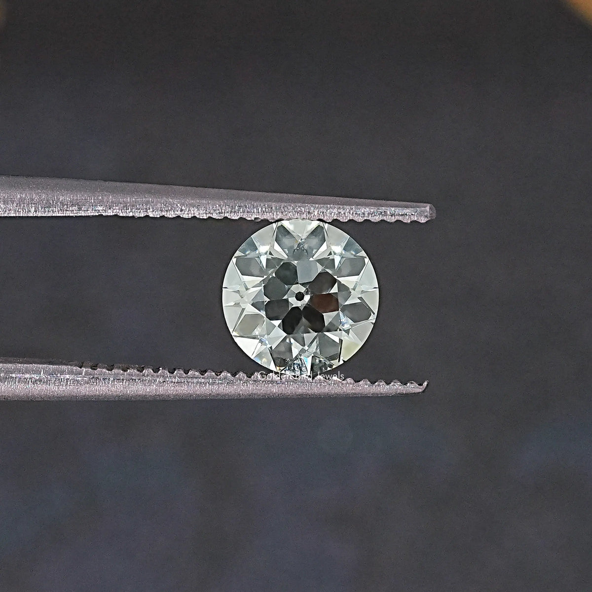 Old European round loose lab diamond between silver tweezers, face-on view