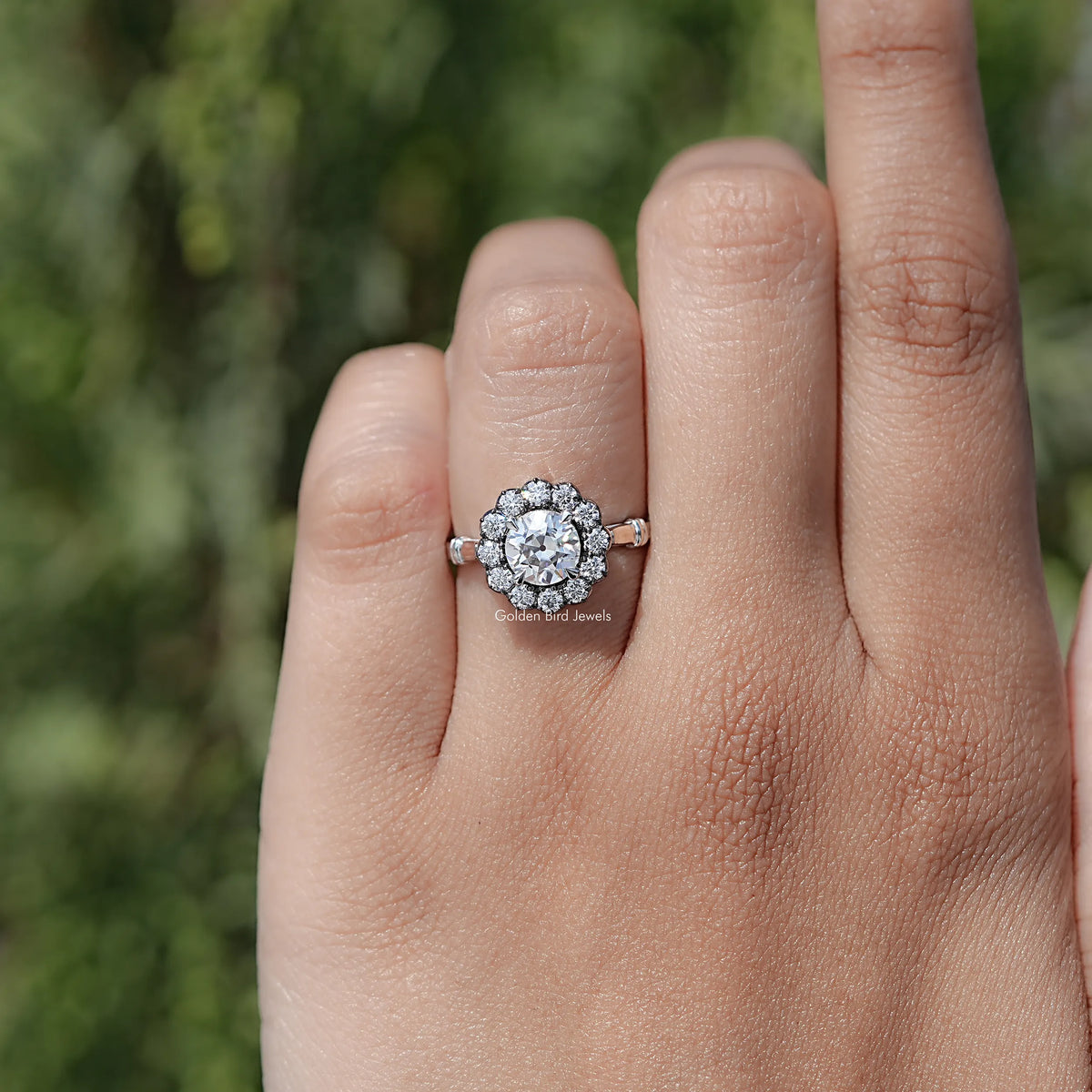 View of Halo Moissanite Engagement Ring in prongs setting 