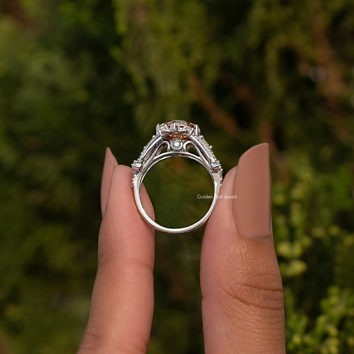925 sterling silver round moissanite ring, underside view showing open gallery