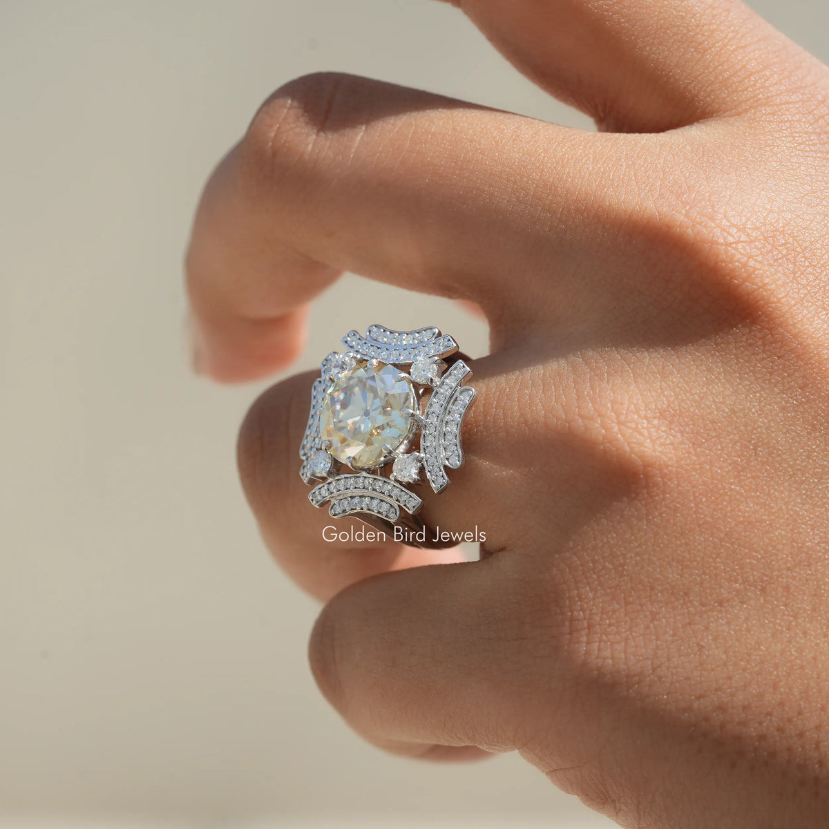 Close-Up View of Round Cut Moissanite Engagement Ring In White Gold 