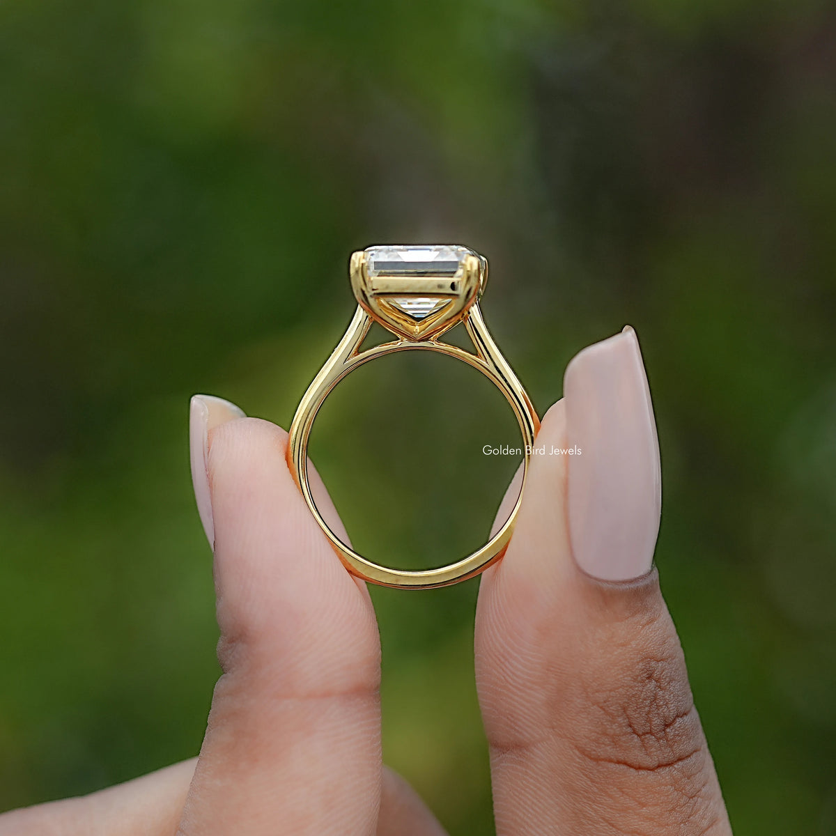 Back view of Old Mine Asscher Moissanite Solitaire Ring in secure setting