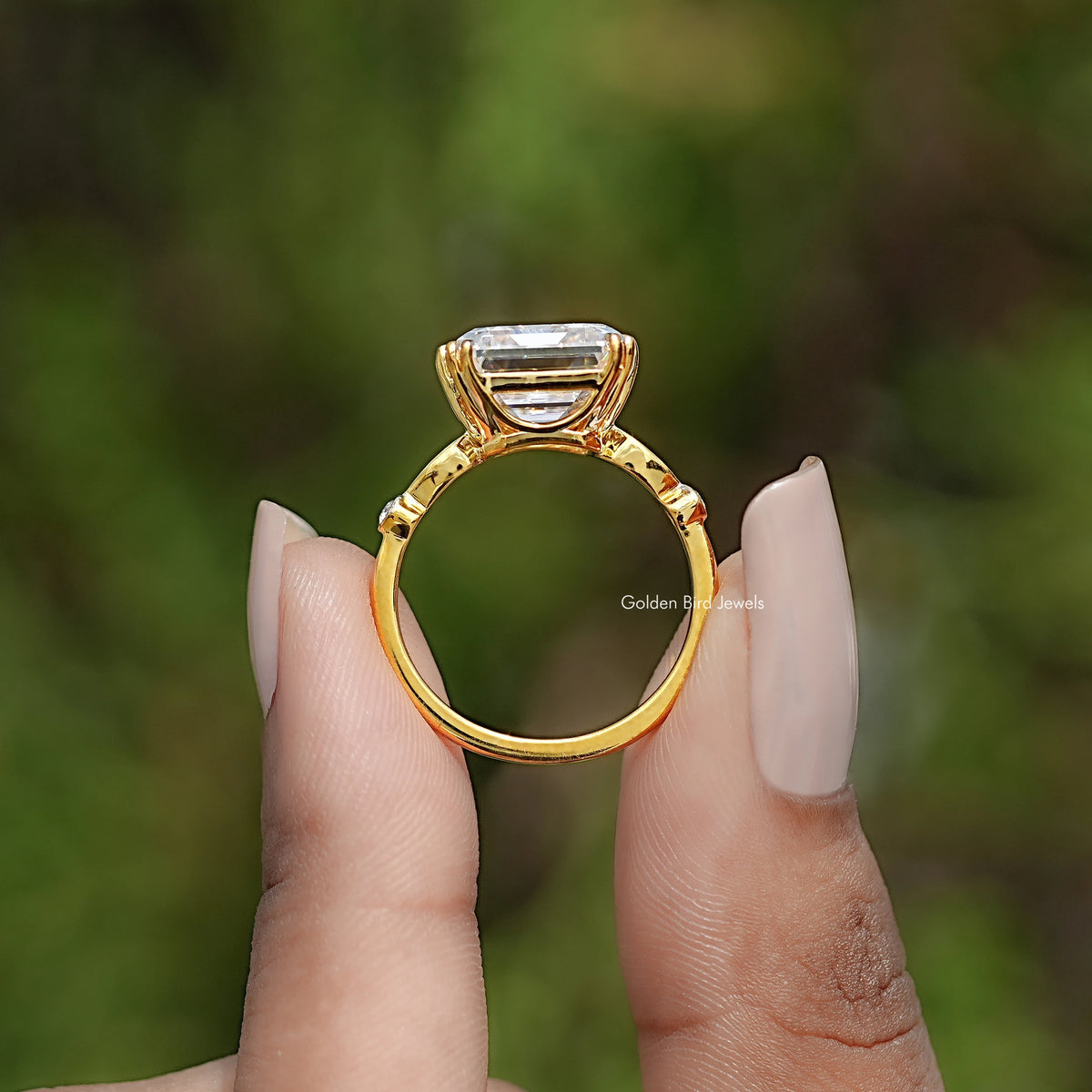 Back view of Old Mine Asscher Moissanite Solitaire Ring in secure setting