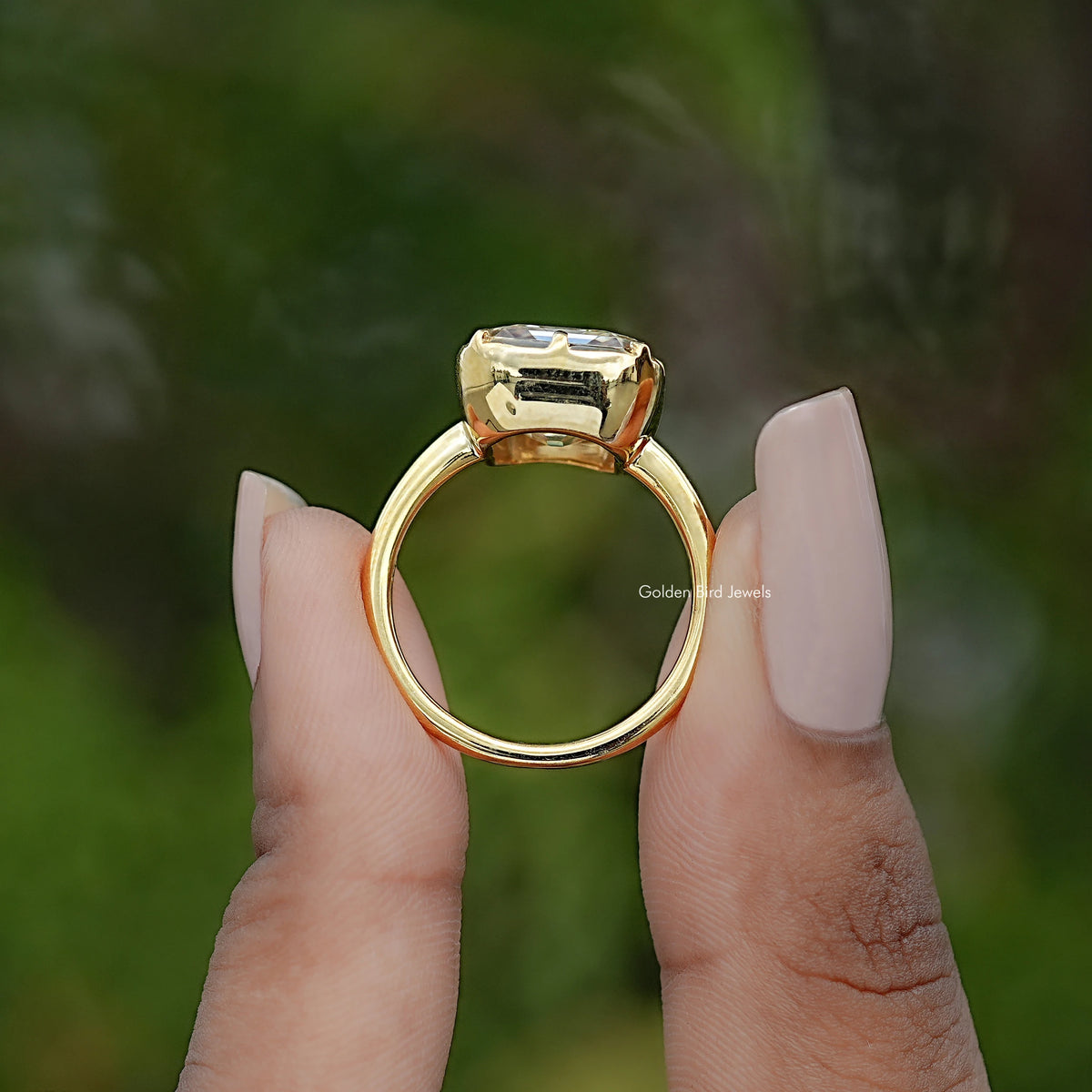 Back view of Old Mine Asscher Moissanite Solitaire Ring in secure setting