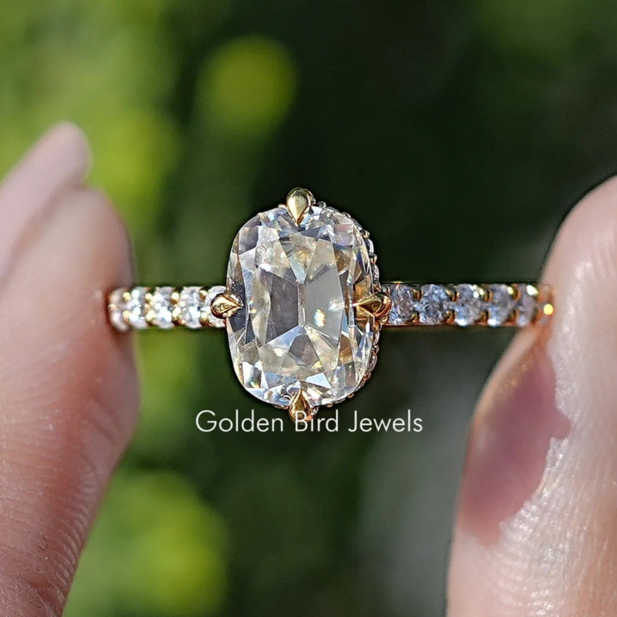Front view of Old Mine Cushion Moissanite Solitaire Ring