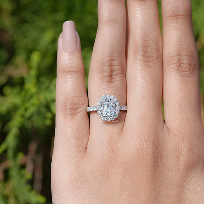In finger view of Cushion Cut Lab Diamond Halo Ring