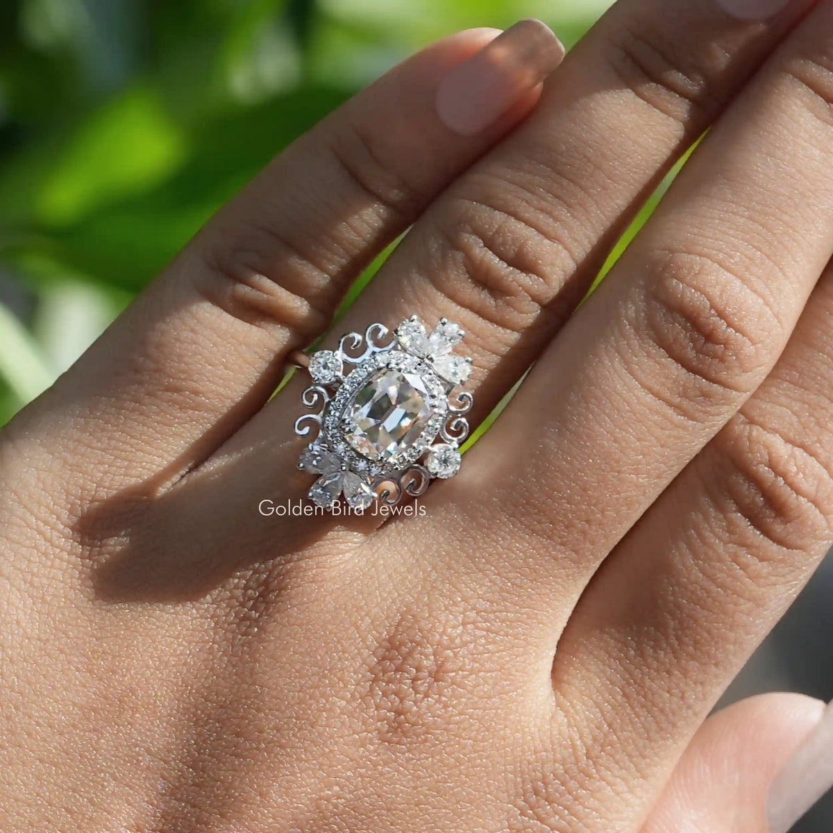 View of Old Mine Cushion Cut Moissanite Ring In Finger