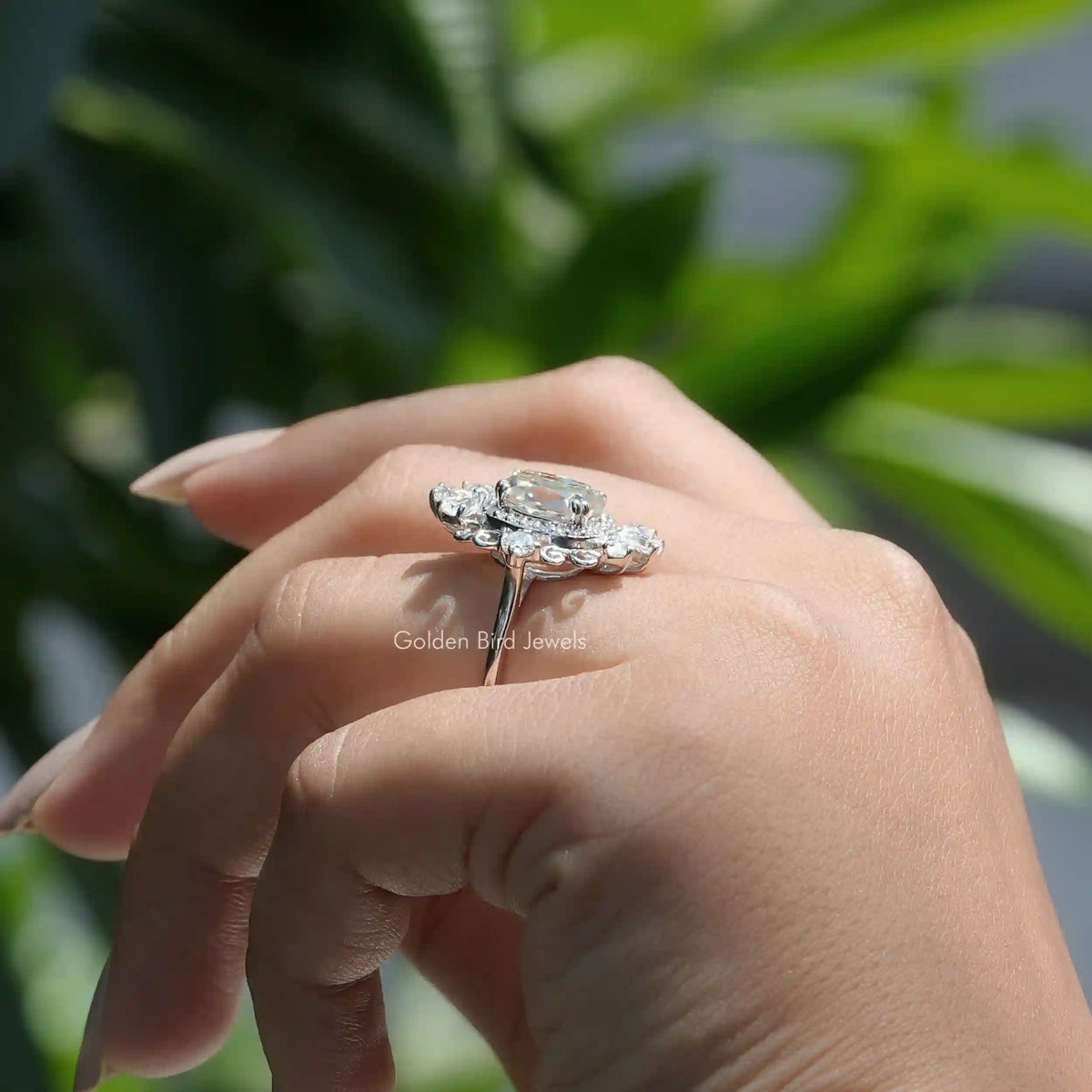 Side View of Old Mine Cushion Cut Moissanite Ring In finger