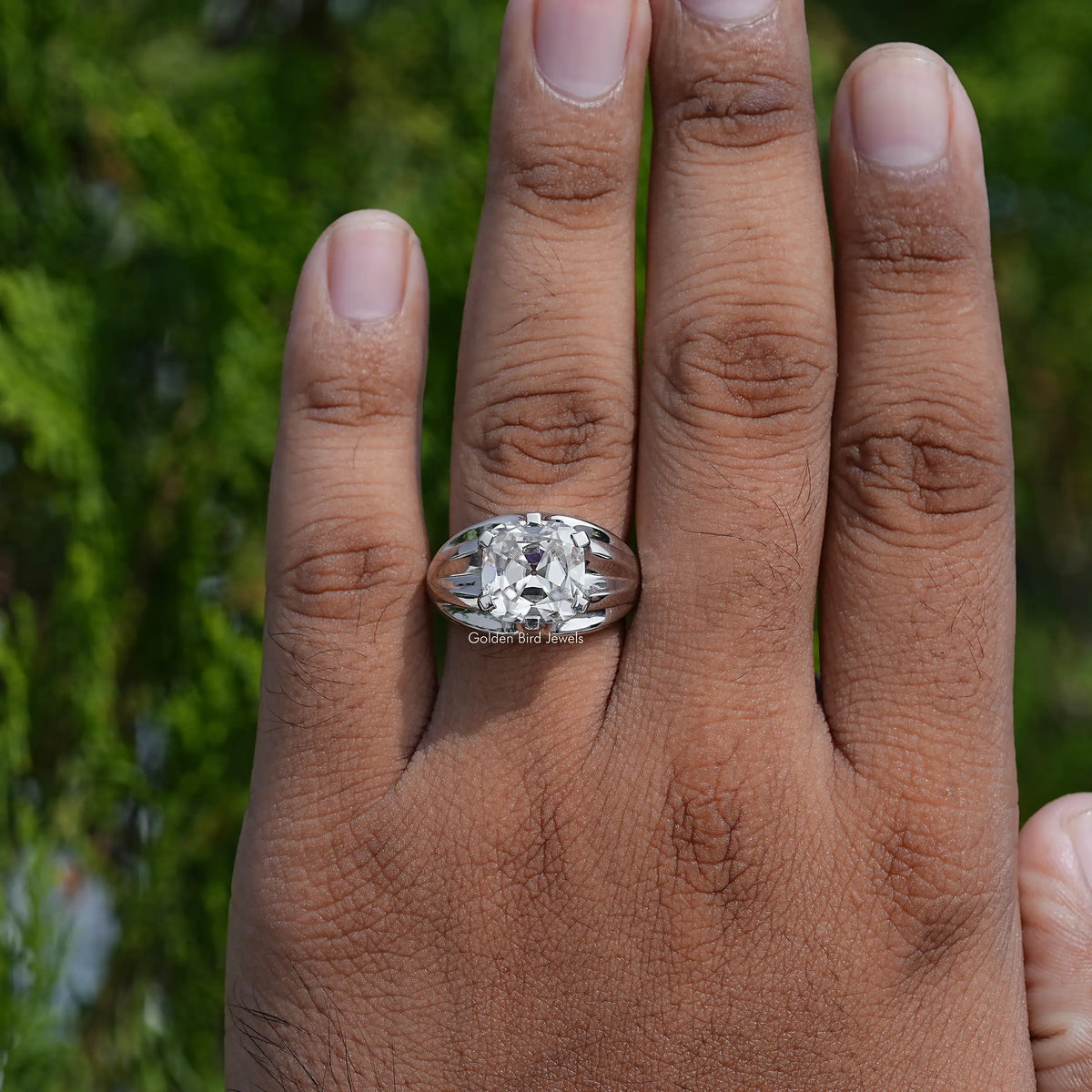 Cushion-cut solitaire moissanite ring in silver tone with round side profile