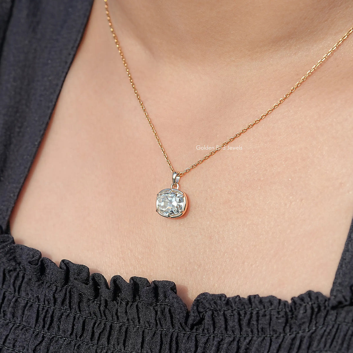 Cushion-cut moissanite pendant necklace with oval stone and gold chain