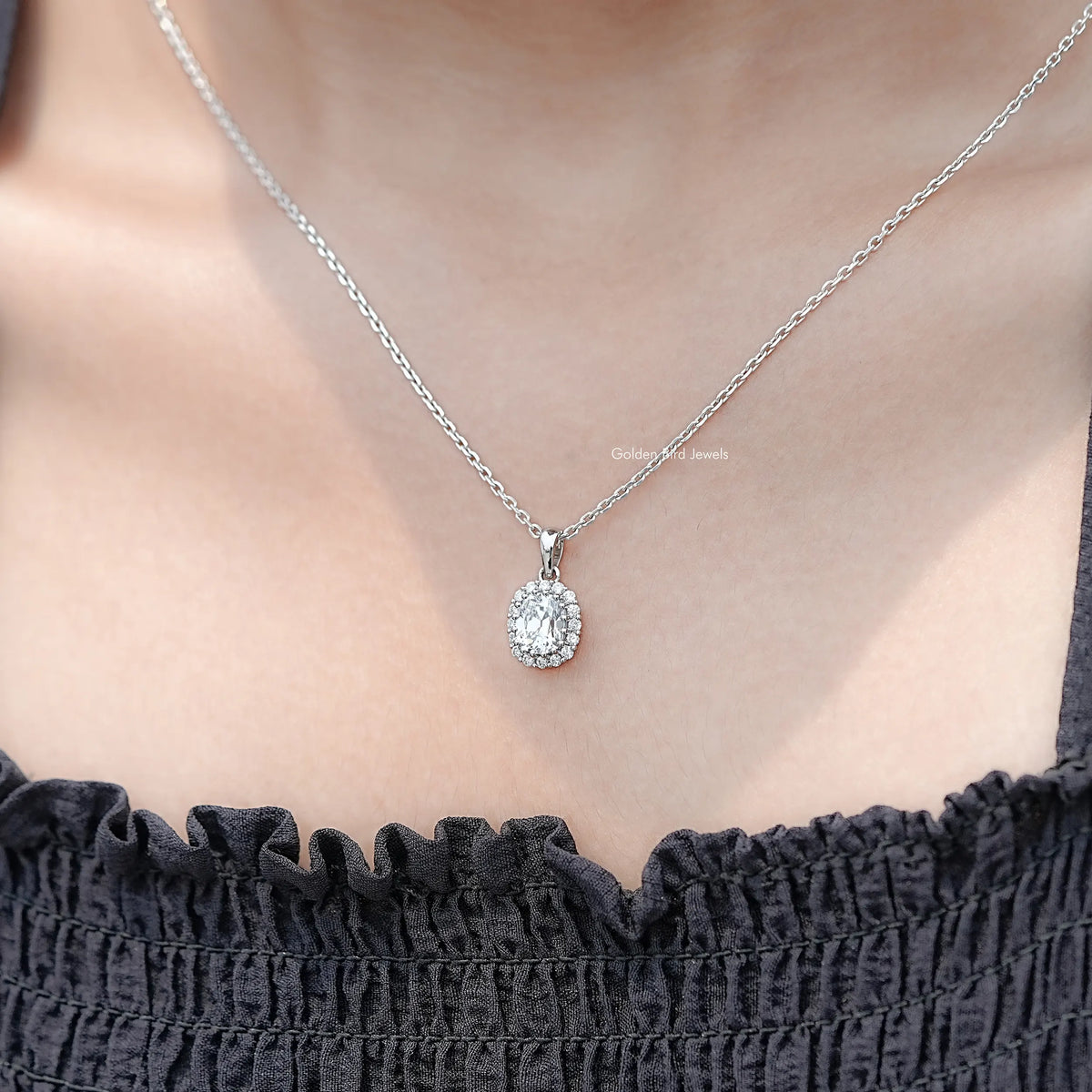 In Neck View of Cushion Cut Lab Diamond Old Mine Halo Pendant