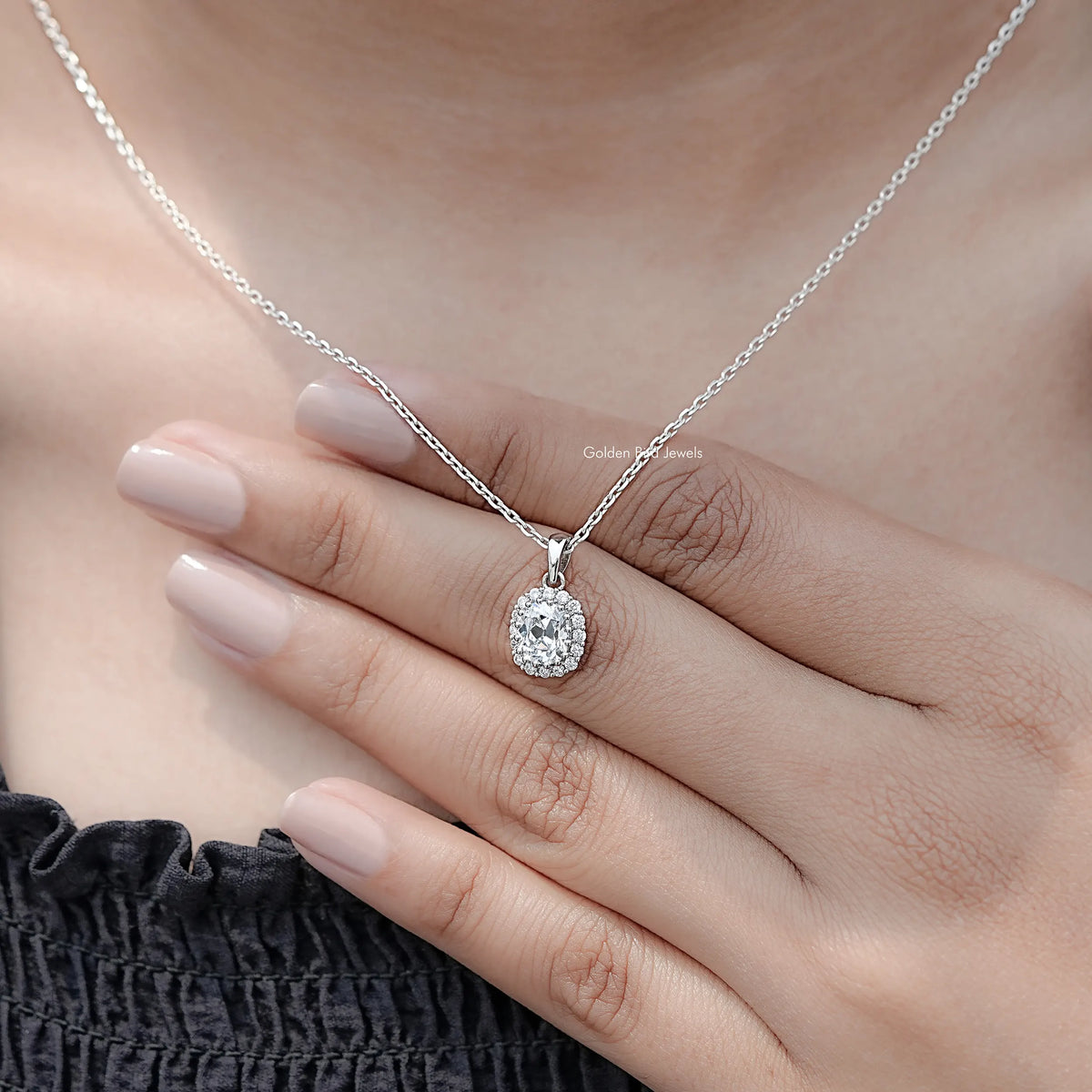 Display View of Old Mine Lab Diamond Cushion Cut Halo Pendant