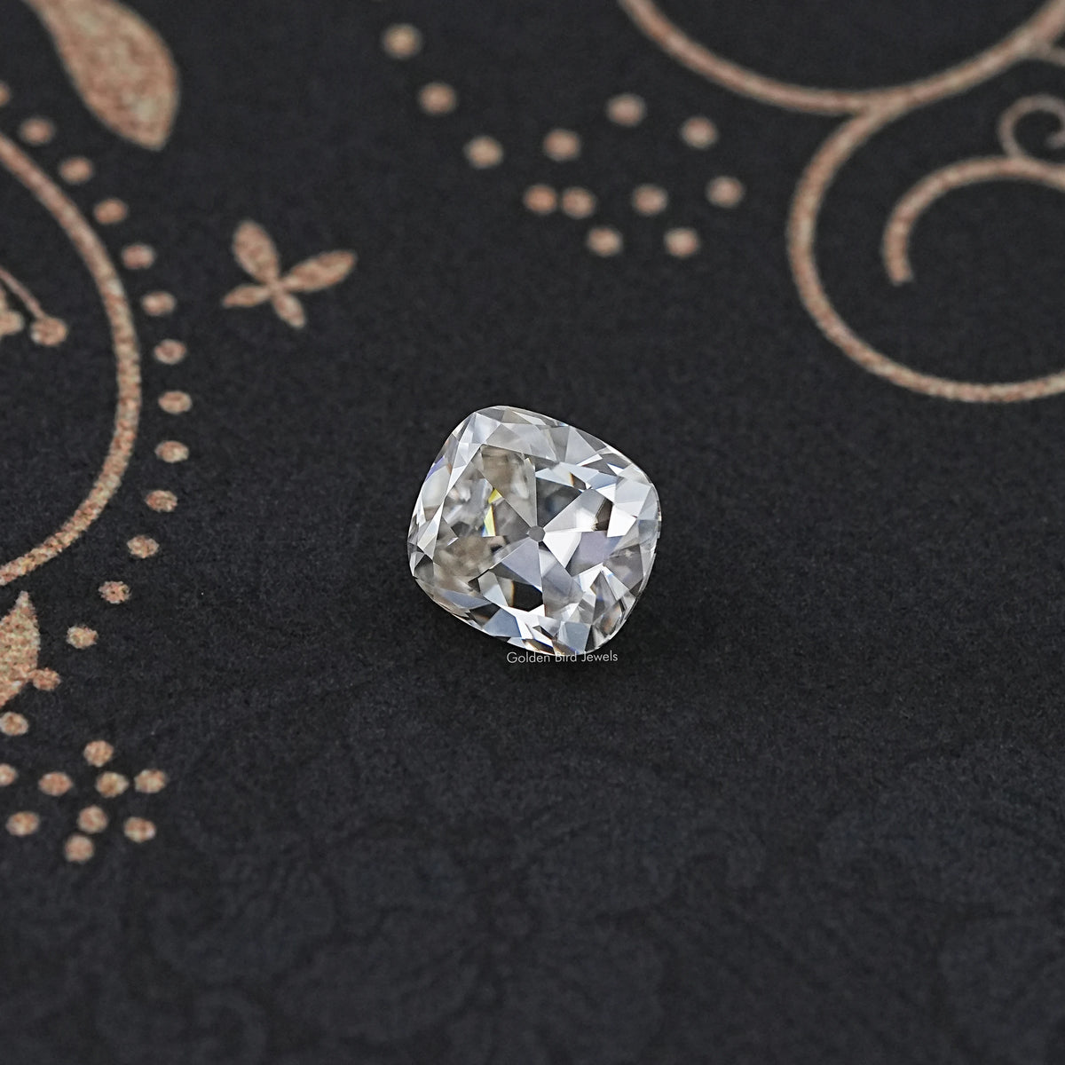 Loose cushion-cut moissanite gemstone with crisp, square-cut facets and bright luster