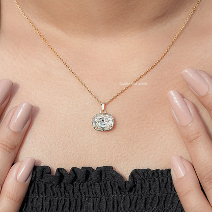 Cushion-cut moissanite solitaire pendant necklace with gold chain, pendant centered