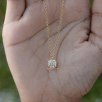 Close View Of Old Mine Cushion Moissanite Pendant in Secure Setting 