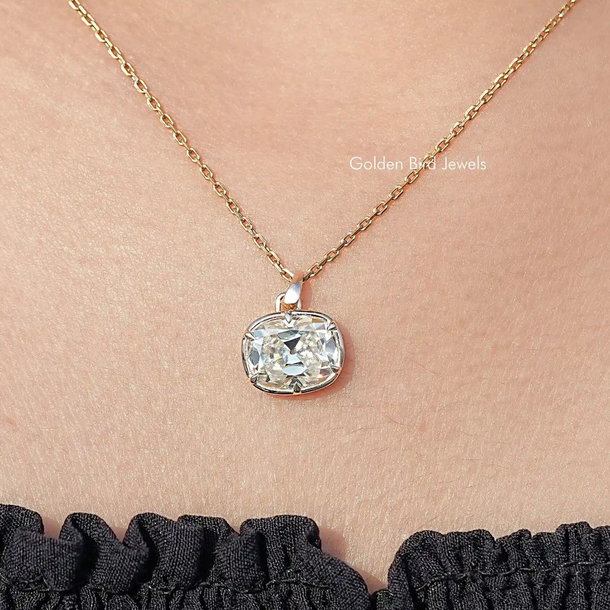 Cushion-cut moissanite solitaire pendant necklace with oval setting and gold chain