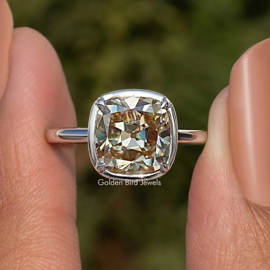Sterling silver cushion moissanite solitaire ring with bezel-set square cushion stone