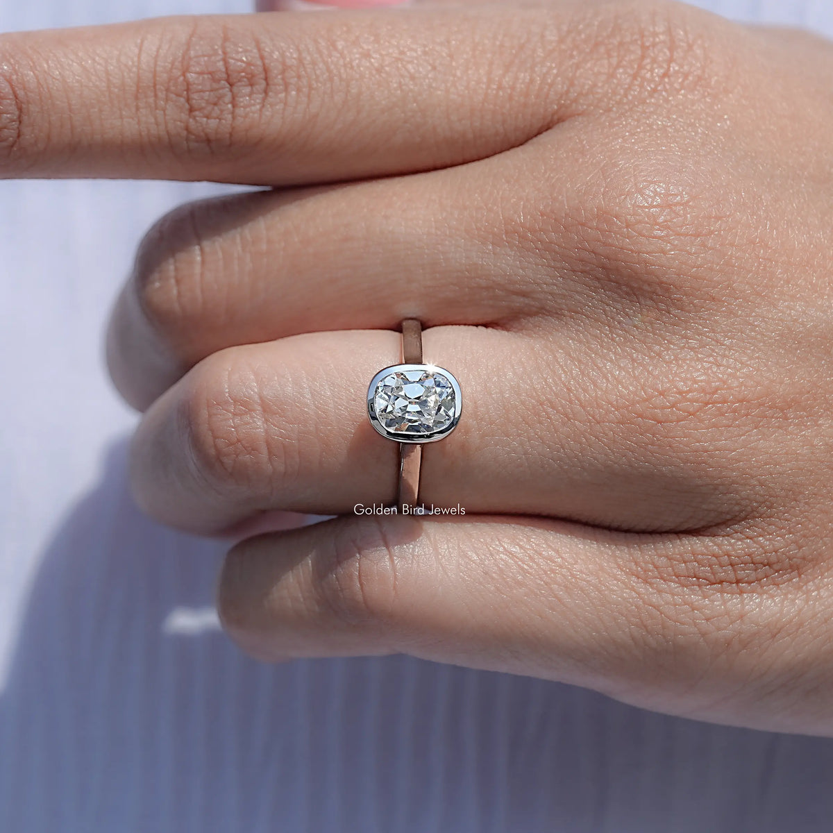 Close View Of Bezel Set Old Mine Cushion Lab Diamond Ring
