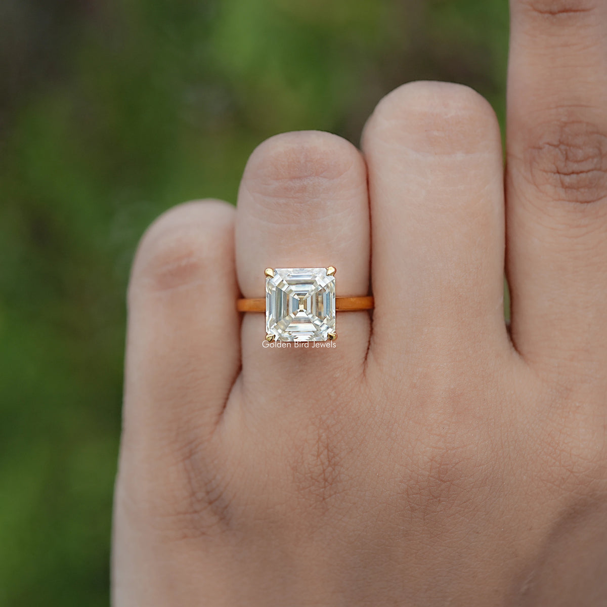In finger view of Old Mine Asscher Moissanite Solitaire Ring