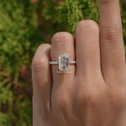 Top View Of Old Mine Emerald Cut Moissanite Accent Ring
