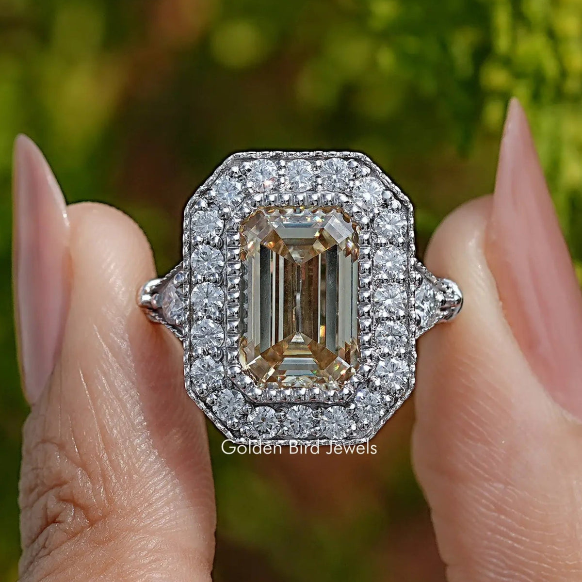 Front View of Old Mine Emerald Cut Moissanite Engagement Ring