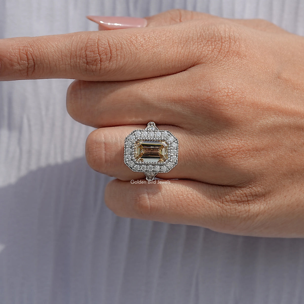 Close View Of Emerald Moissanite Engagement Ring