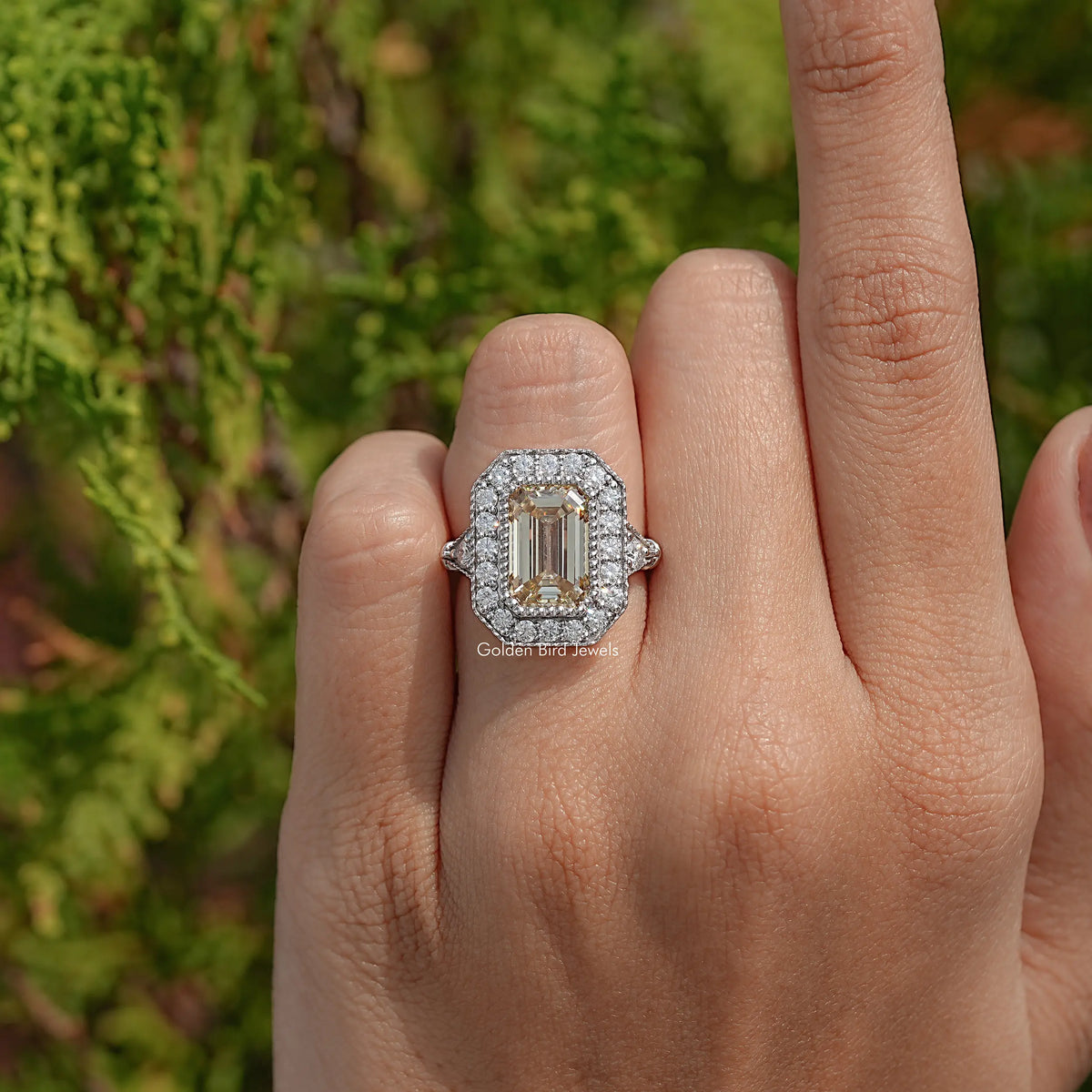 Top View Of Old Mine Emerald Cut Moissanite Engagement Ring
