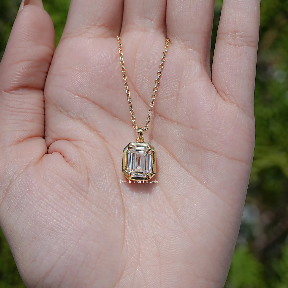 Top View of Old Mine Emerald Moissanite Pendant