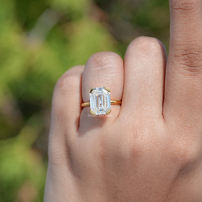 Top View Of Off White Old Mine Moissanite Emerald Cut Ring