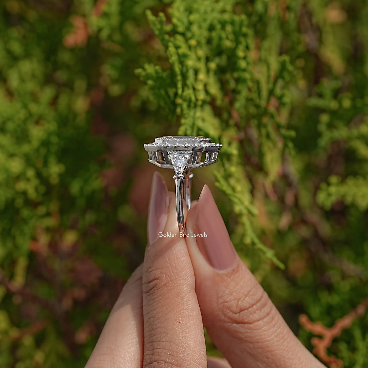 Side View Of Emerald Cut Moissanite Engagement Ring